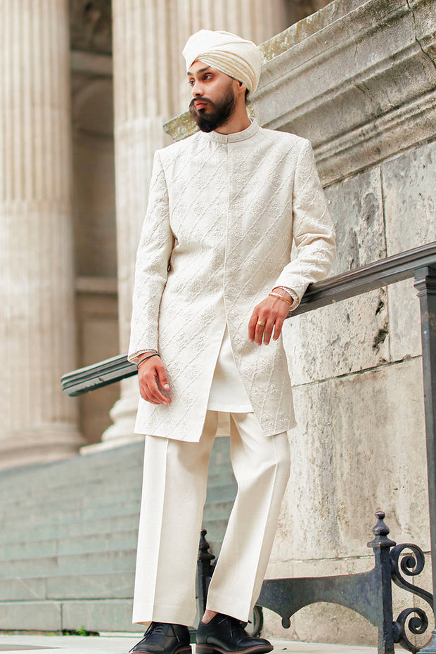 Pakistani Groom Dress in White Karandi Sherwani Style Online