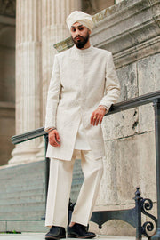 Pakistani Groom Dress in White Karandi Sherwani Style