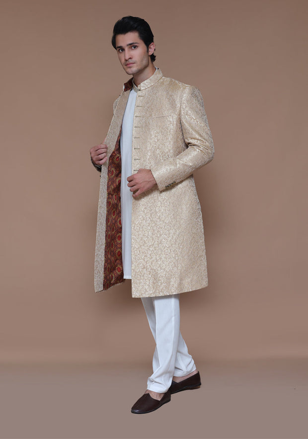 Pakistani Groom Dress in Zari Jamawar Sherwani Style Online