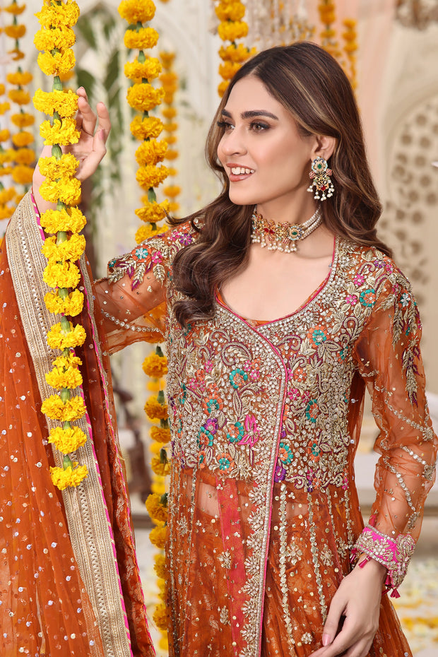 Pakistani Mehndi Dress in Angrakha and Lehenga Style Online