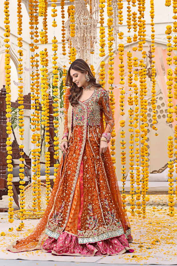 Pakistani Mehndi Dress in Angrakha and Lehenga Style