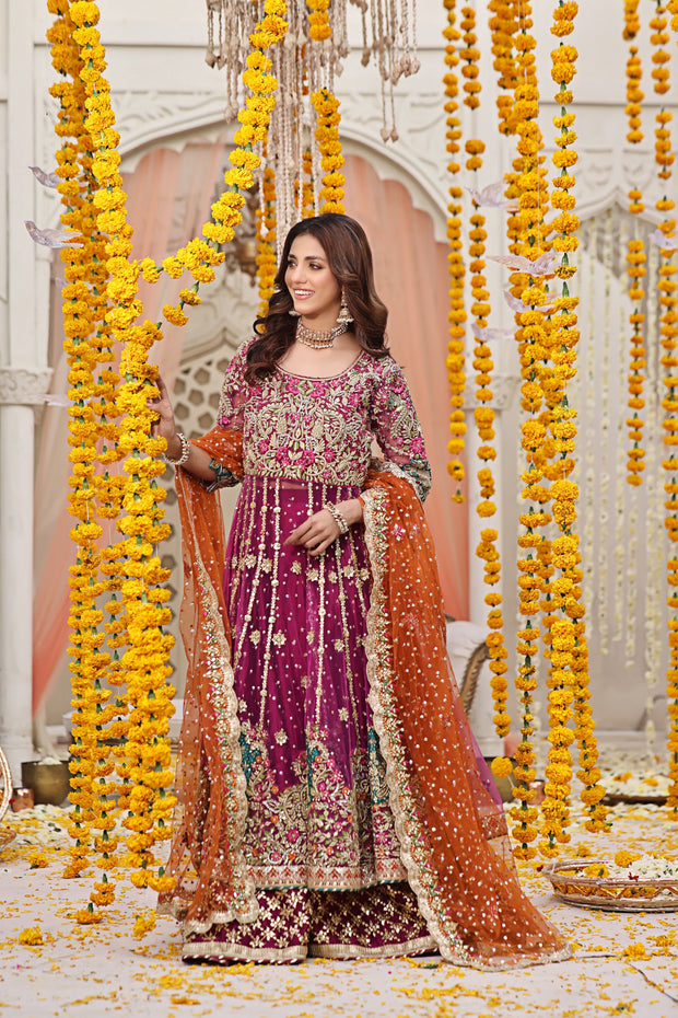 Pakistani Mehndi Dress in Magenta Pishwas Lehenga Style