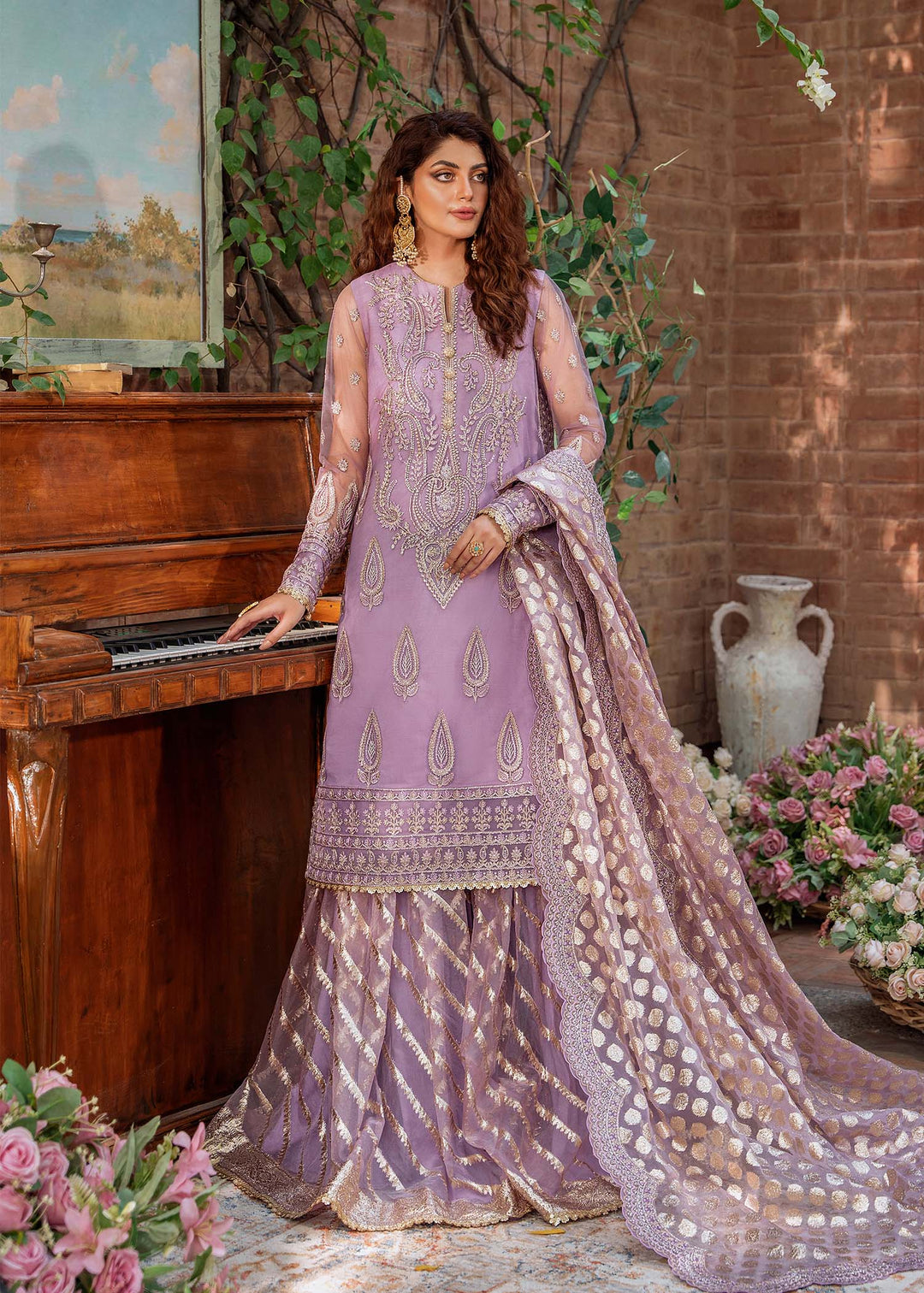 Pakistani Party Dress in Purple Gharara Kameez Style – Nameera by Farooq