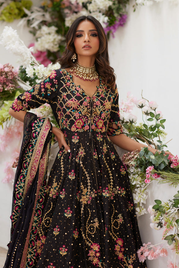 Pakistani Wedding Dress in Black Pishwas Lehenga Style