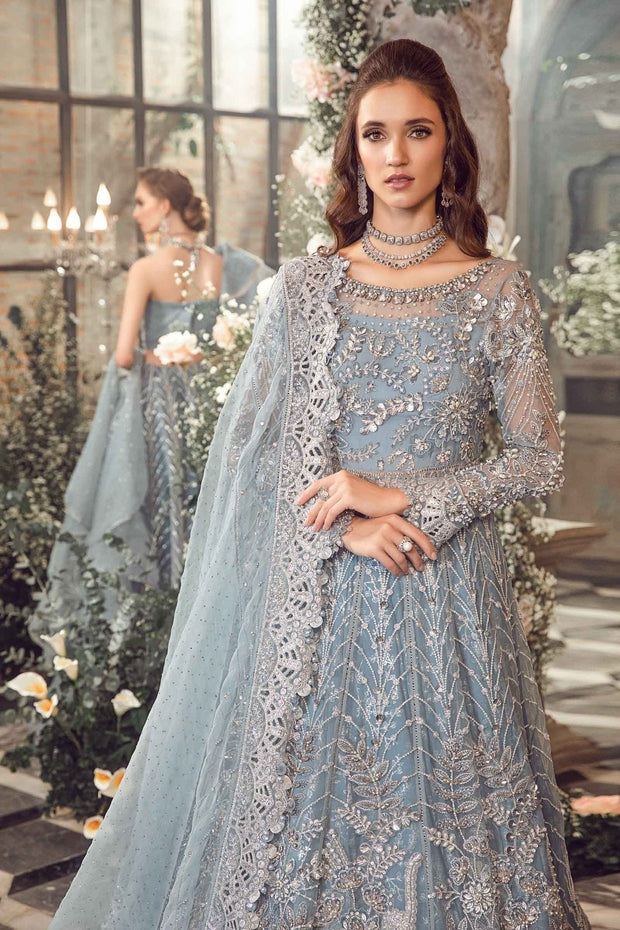 Pakistani Wedding Dress in Blue Lehenga Pishwas Frock Style