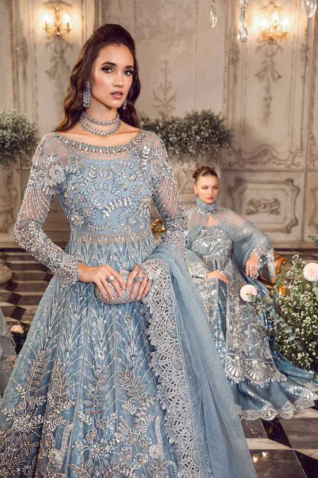 Pakistani Wedding Dress in Blue Lehenga and Pishwas Style