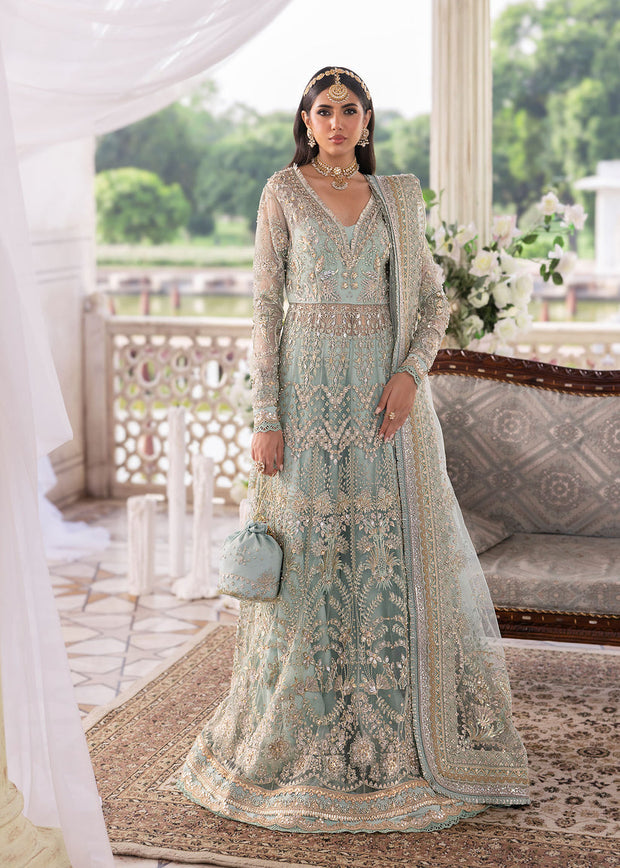 Pakistani Wedding Dress in Blue Net Gown Dupatta Style