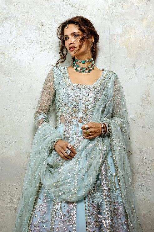 Pakistani Wedding Dress in Blue Open Gown Lehenga Style Online