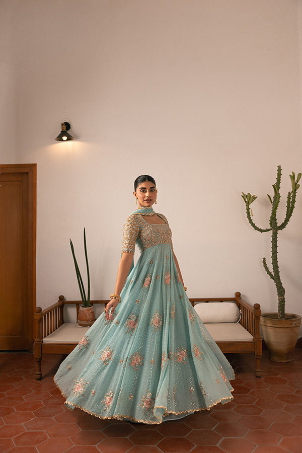 Pakistani Wedding Dress in Blue Pishwas Frock Style Online