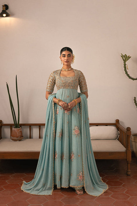 Pakistani Wedding Dress in Blue Pishwas Frock Style