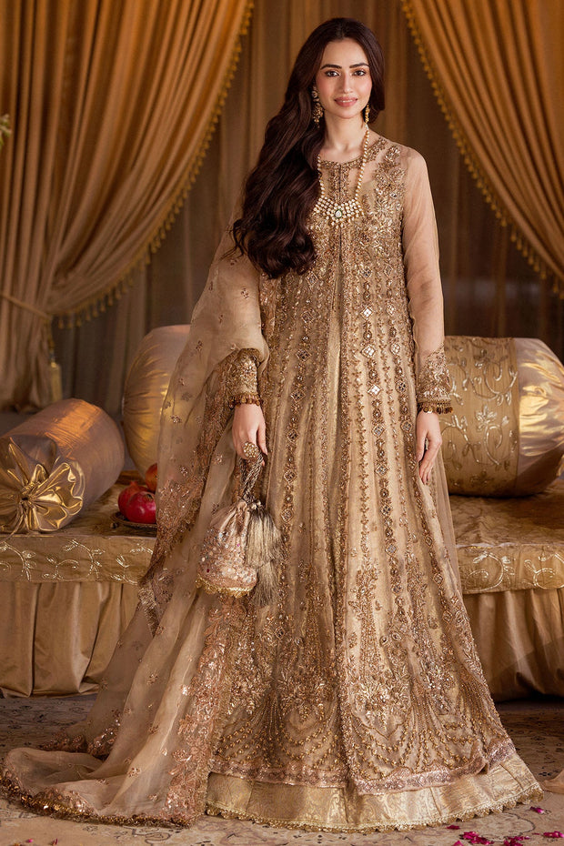 Pakistani Wedding Dress in Gold Open Gown Lehenga Style