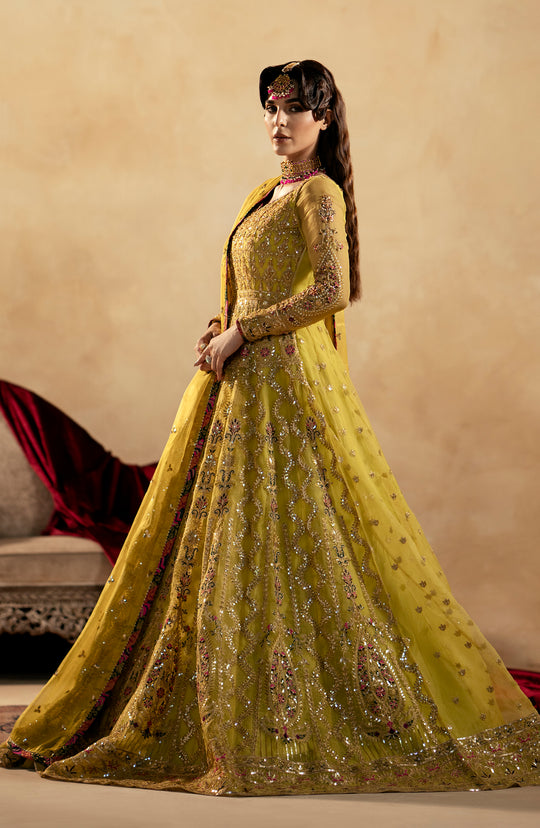 Pakistani Wedding Dress in Green Pishwas Frock Style Nameera by Farooq