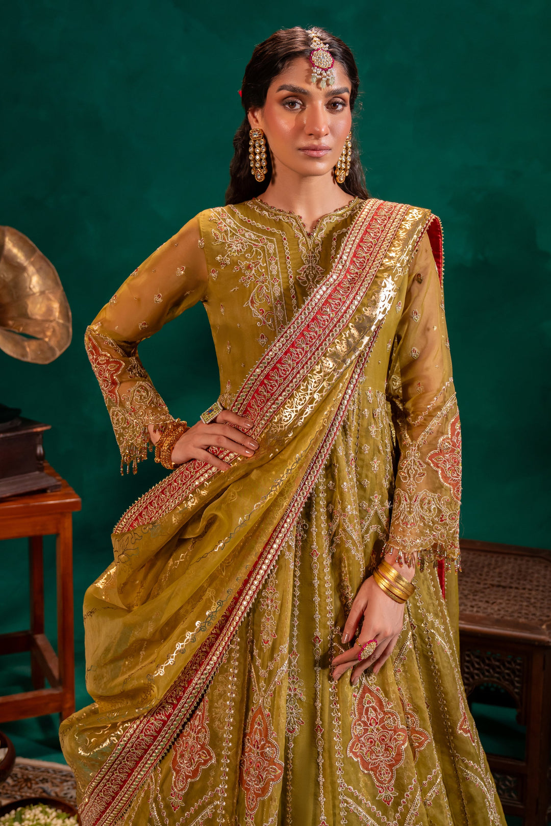 Pakistani Wedding Dress in Mustard Green Pishwas Style SMALL Pakistani Wedding Dress in Mustard Green Pishwas Style SMALL