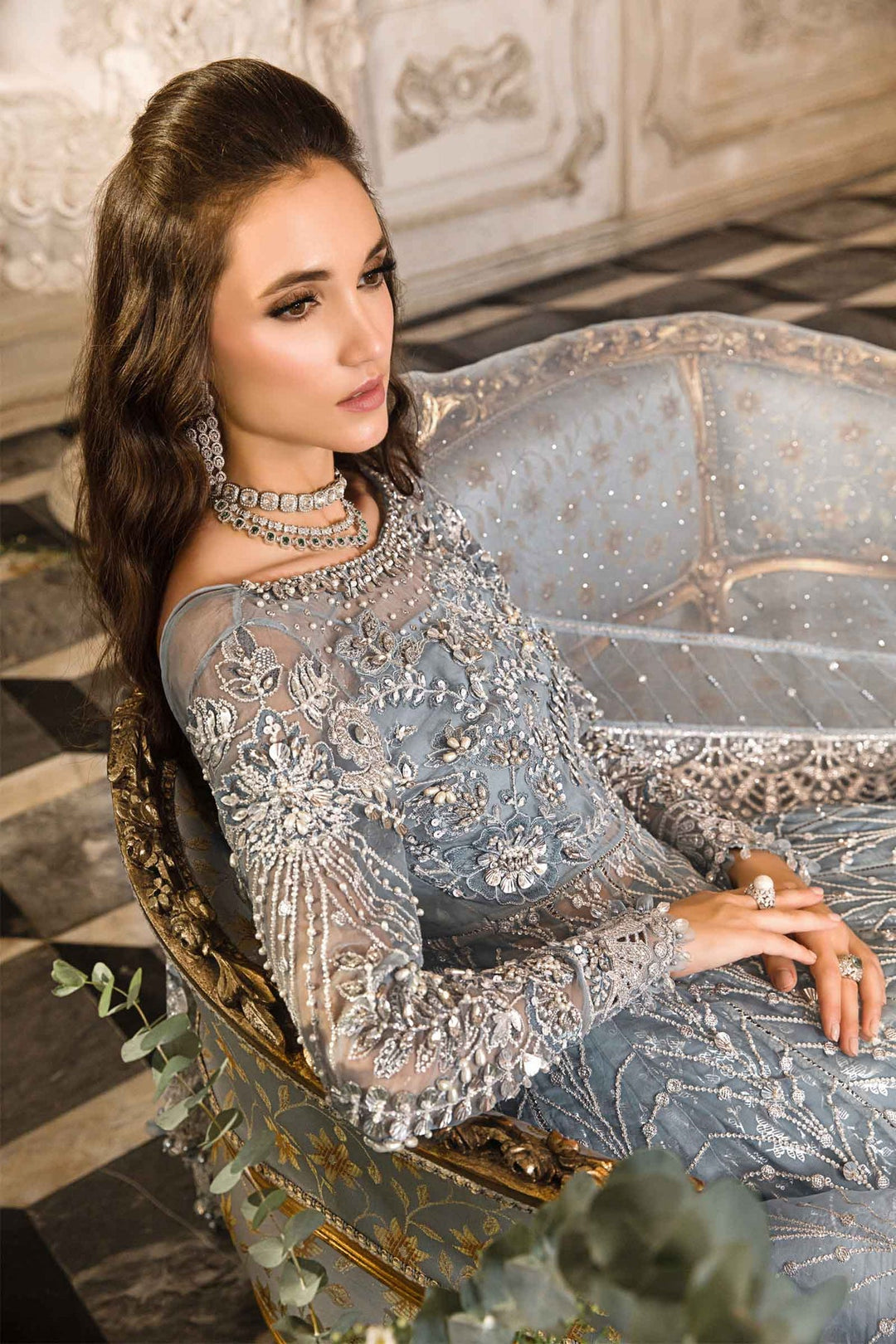Pakistani Wedding Dress in ice Blue Lehenga Pishwas Style