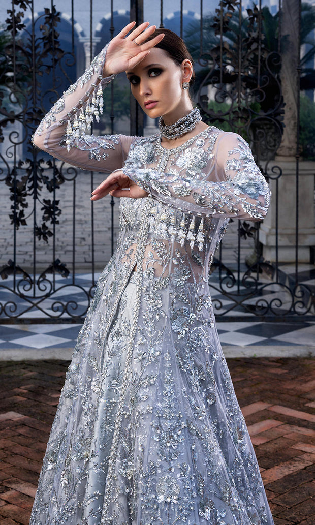 silver pakistani dress Silver Grey Lehenga Gown For Pakistani Bridal Wear UY Collection