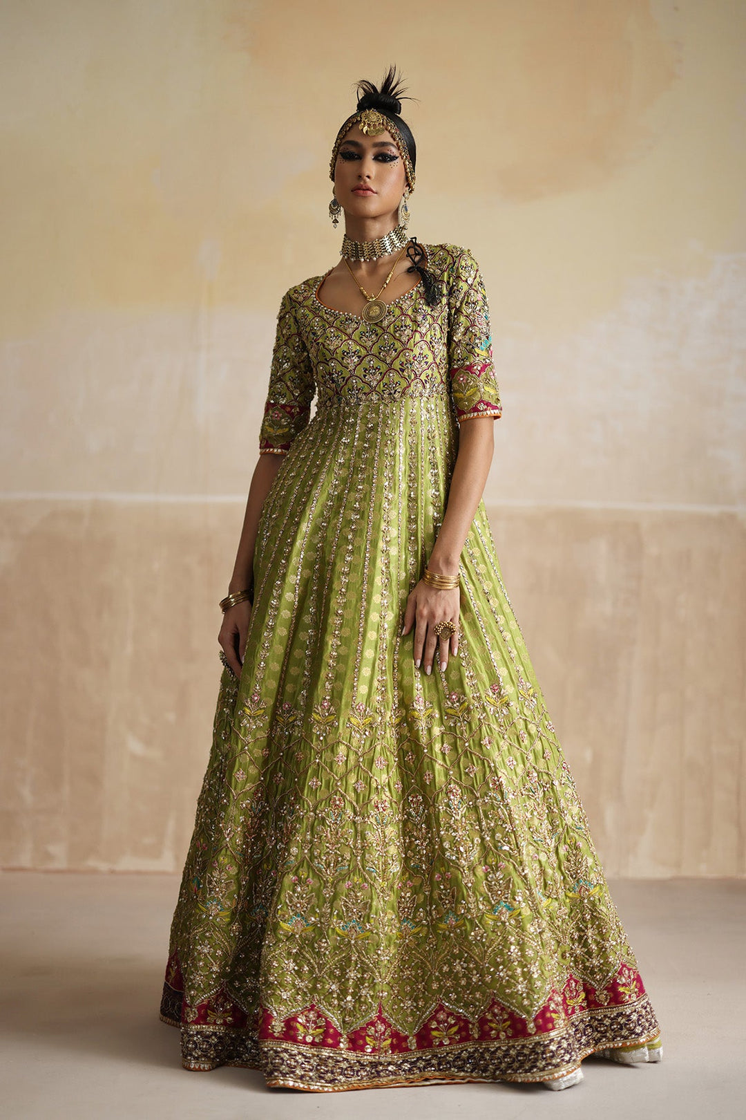 Pakistani Wedding Dress in Lime Green Pishwas Style