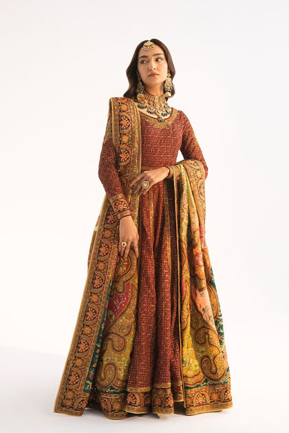 Pakistani Wedding Dress in Maroon Anarkali Frock Style – Nameera by Farooq