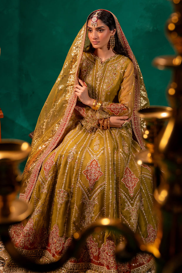 Pakistani Wedding Dress in Mustard Green Pishwas Style SMALL Pakistani Wedding Dress in Mustard Green Pishwas Style SMALL