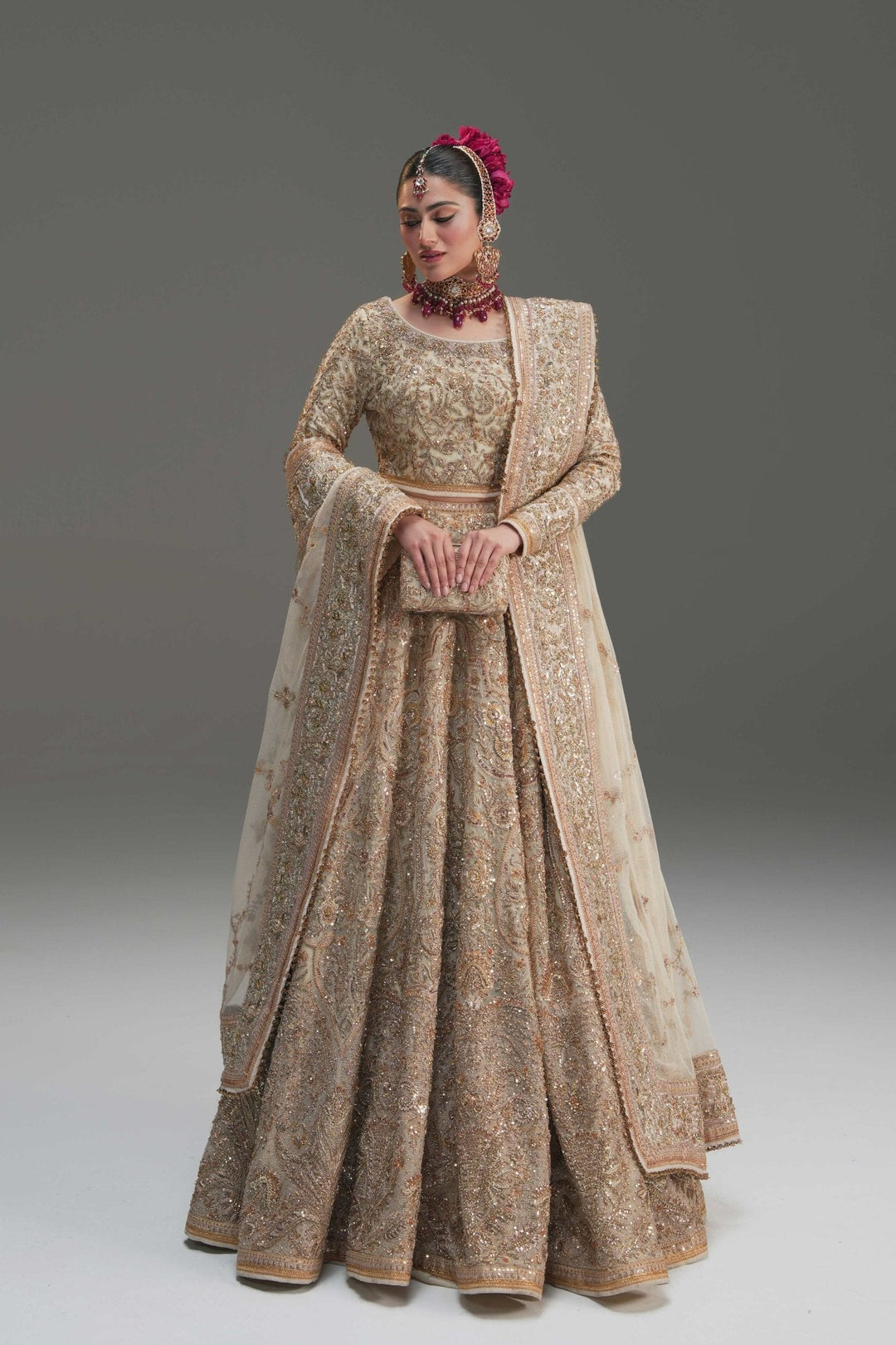 Pakistani Wedding Dress in Net Choli and Lehenga Style