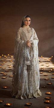 Pakistani Wedding Dress in Off White Kameez and Gharara Style