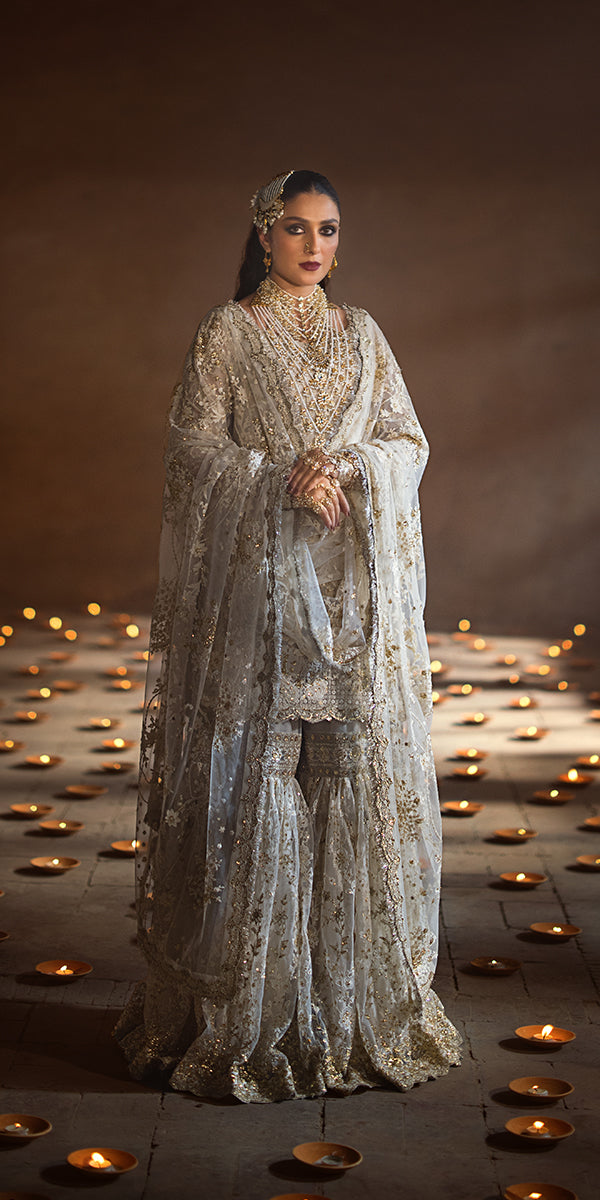Pakistani Wedding Dress in Off White Kameez and Gharara Style