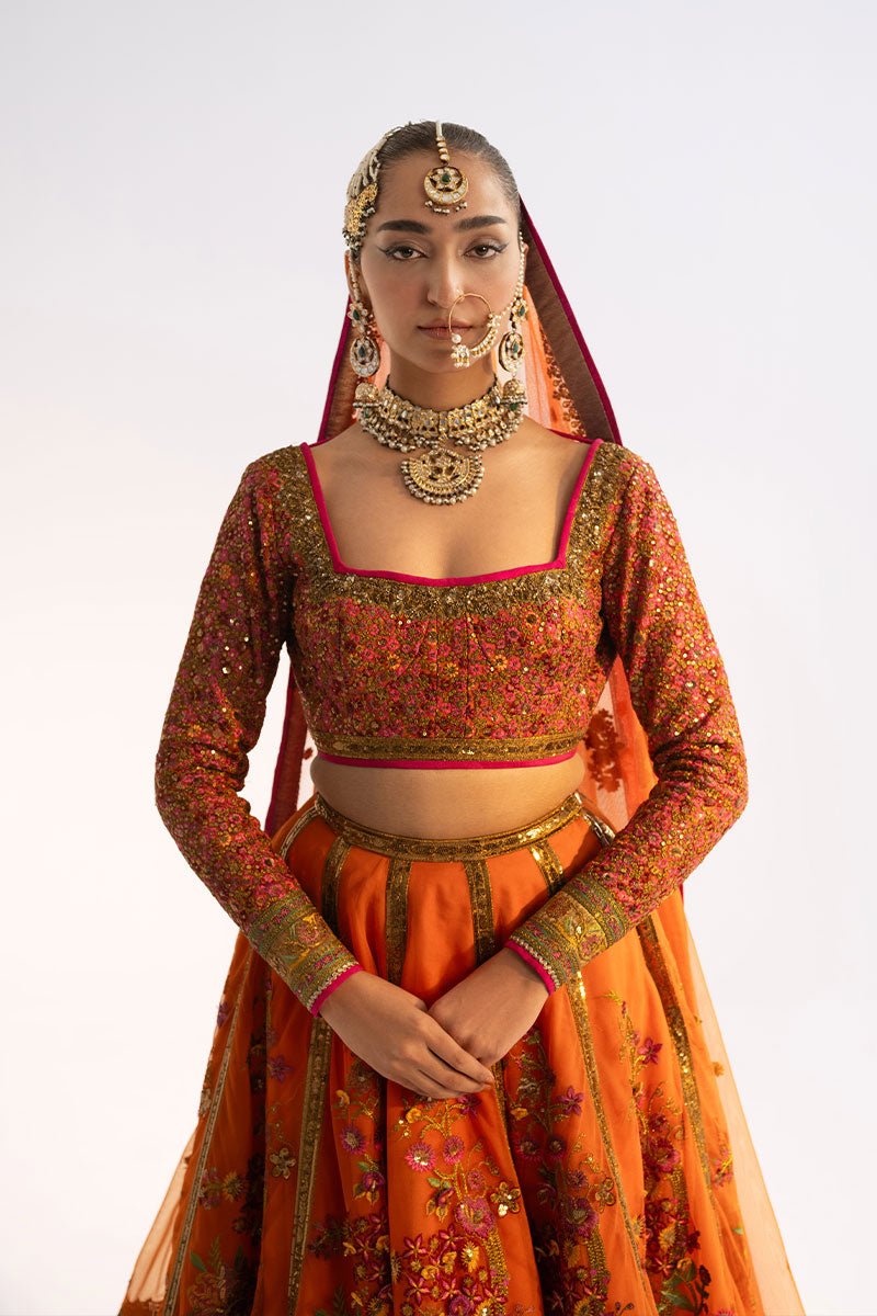 Pakistani Wedding Dress in Orange Lehenga Choli Style Online