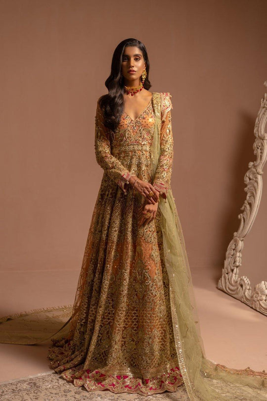 Pakistani Wedding Dress in Pishwas Style with Organza Dupatta