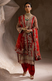 Pakistani Wedding Dress in Red Kameez Sharara and Dupatta Style