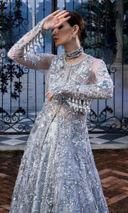 Pakistani Wedding Dress in Silver Lehenga and Gown Style