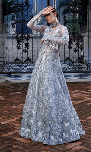 Pakistani Wedding Dress in Silver Lehenga and Gown Style