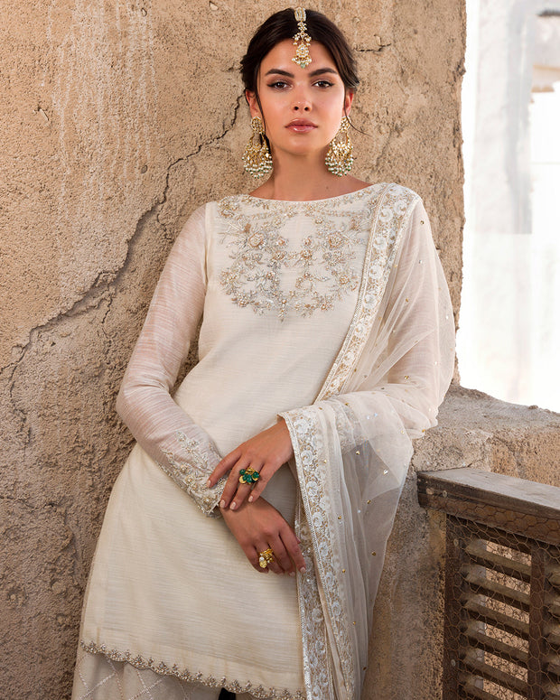 Pakistani Wedding Dress in White Gharara Kameez Dupatta Style