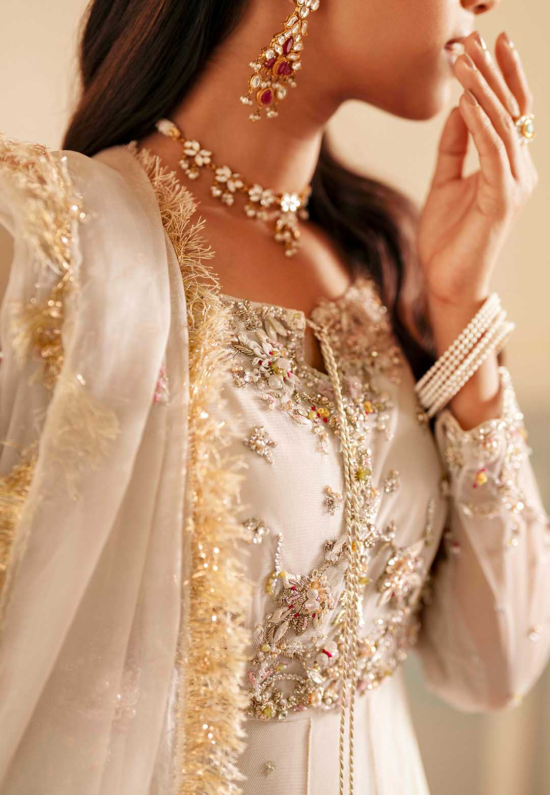 Pakistani Wedding Dress in White Net Pishwas Style Online