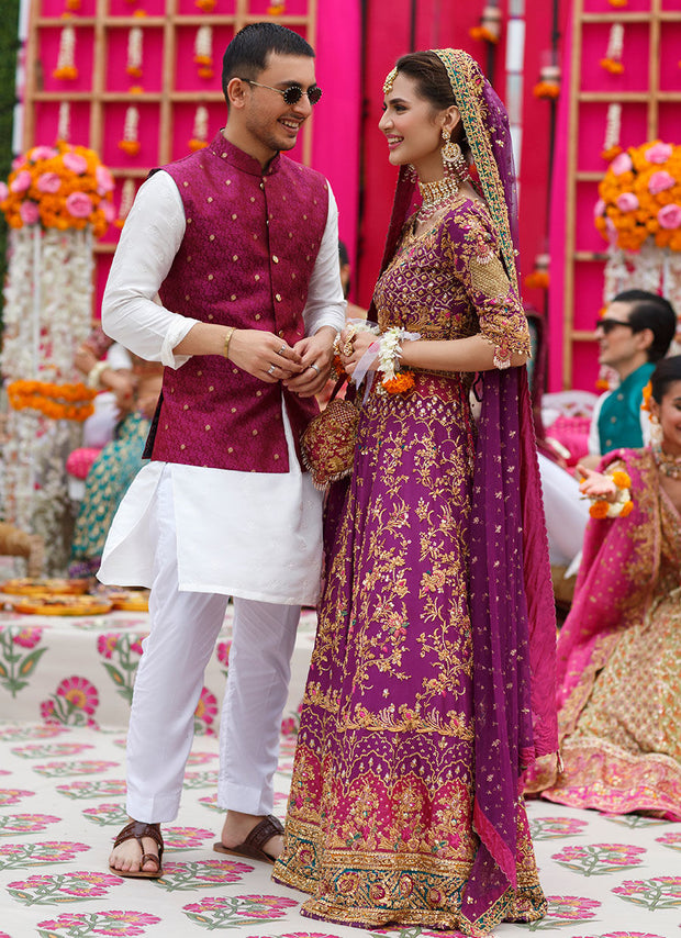 Pakistani Bridal Aubergine Purple Color Lehnga for Wedding