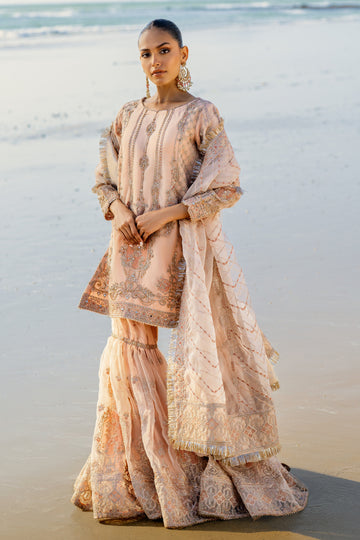 Pakistani Bridal Dress Beige Peach Embellished Kameez Sharara
