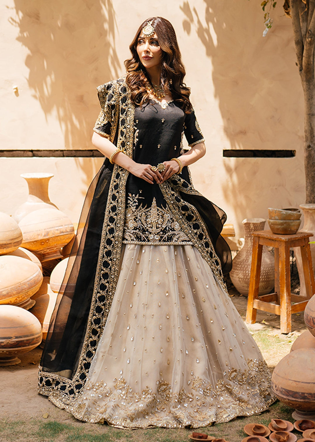 Pakistani Bridal Dress Black Lehenga with Short Shirt Dress