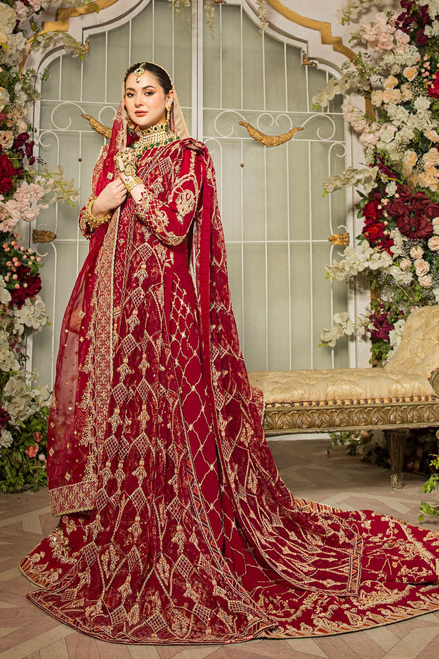 Pakistani Bridal Dress Deep Red Long Shirt With Tail Long Lehenga