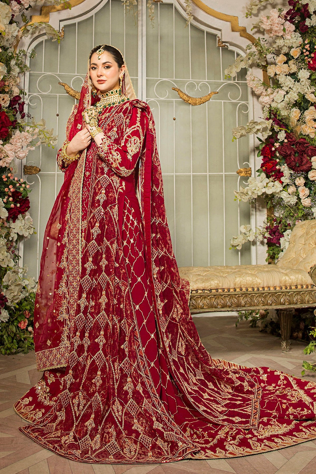 Deep Red Pakistani Bridal Dress & Long Lehenga Ensemble