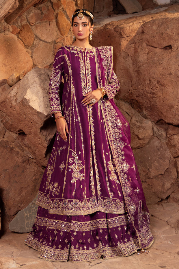 Pakistani Bridal Dress Deep Violet Color Front open frock with lehenga