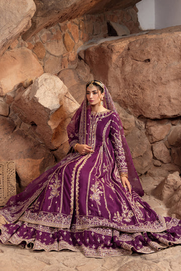 Pakistani Bridal Dress Deep Violet Color open frock with lehenga