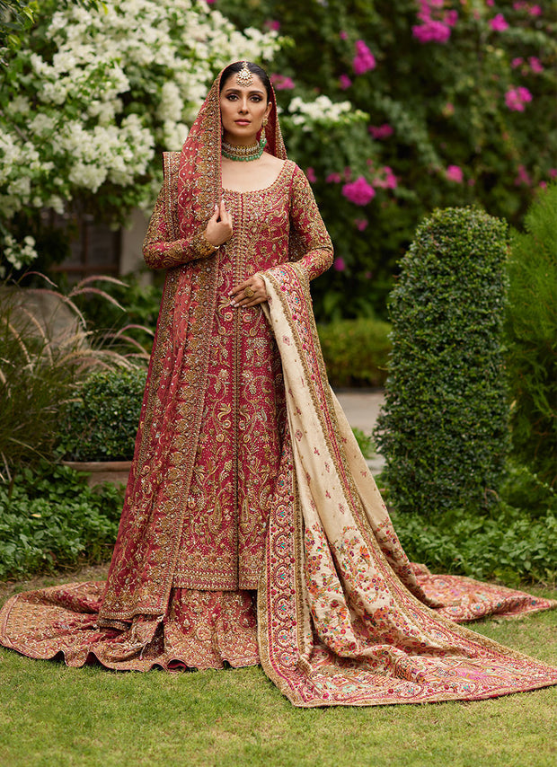 Pakistani Bridal Dress Embellished in Red Farshi Lehenga style For Wear