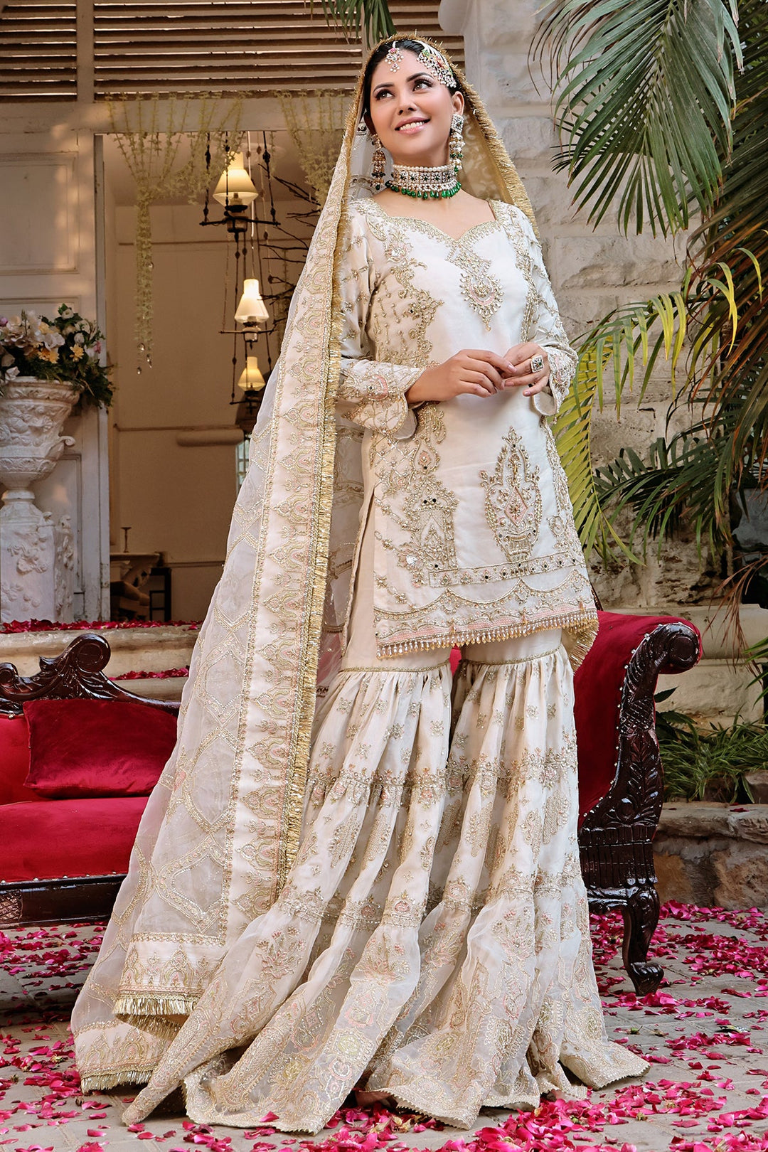 Pakistani Bridal Dress Off-White Short Shirt with Gharara Nameera by Farooq Pakistani Bridal Dress Off-White Short Shirt with Gharara Nameera by Farooq