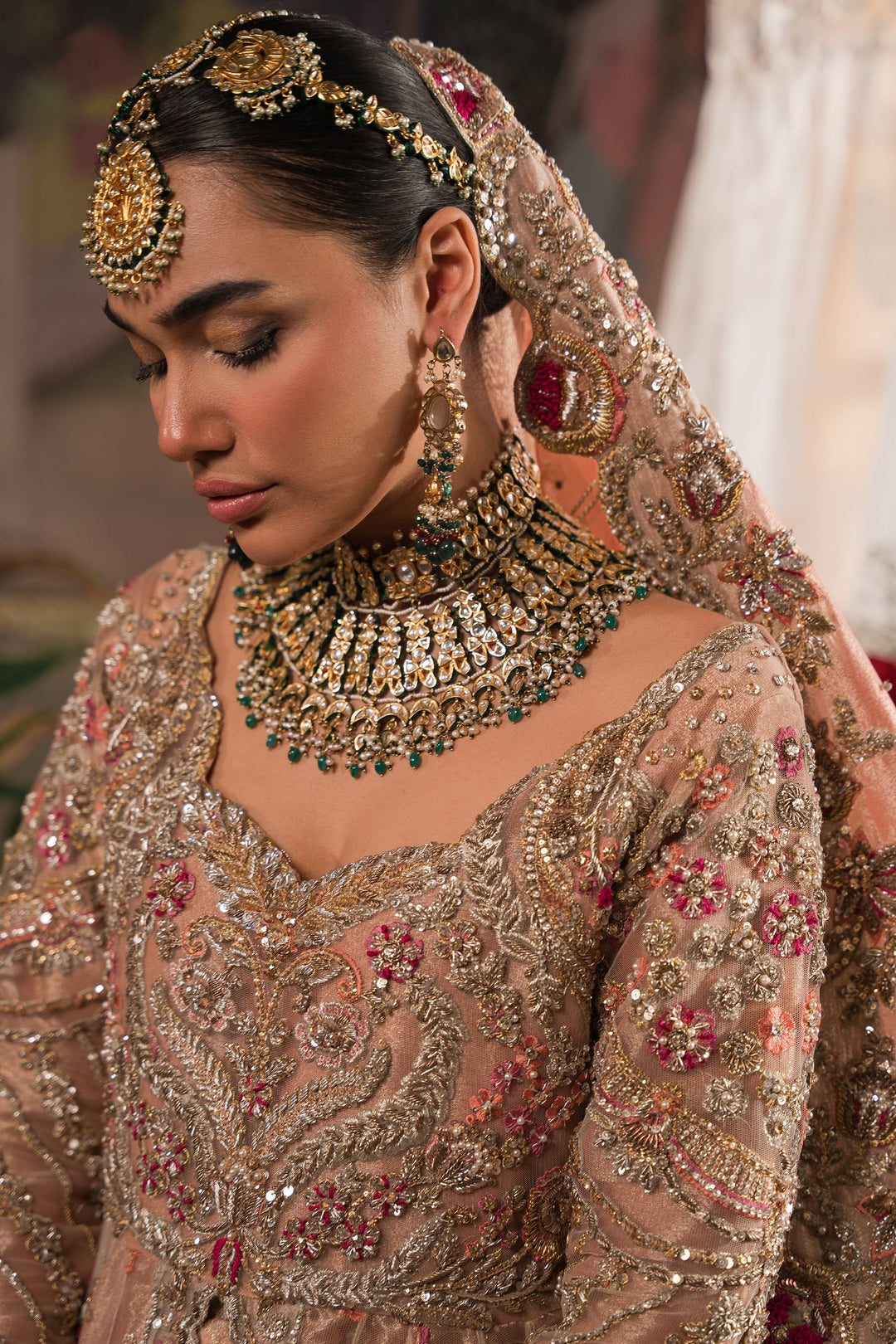 Pakistani Bridal Dress Peach Peshwas and Lehenga