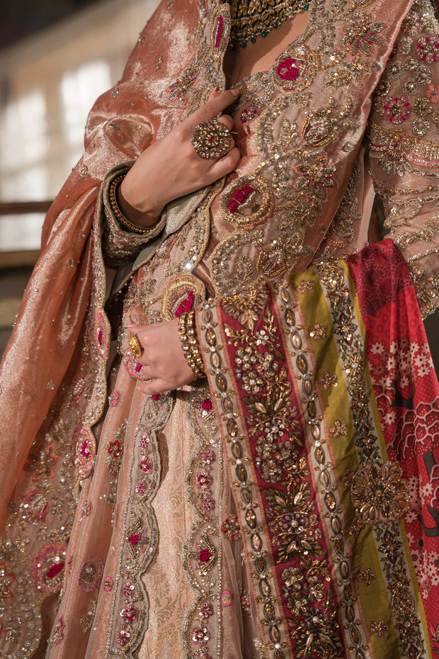 Pakistani Bridal Dress Peach Peshwas and Lehenga Style For Wear