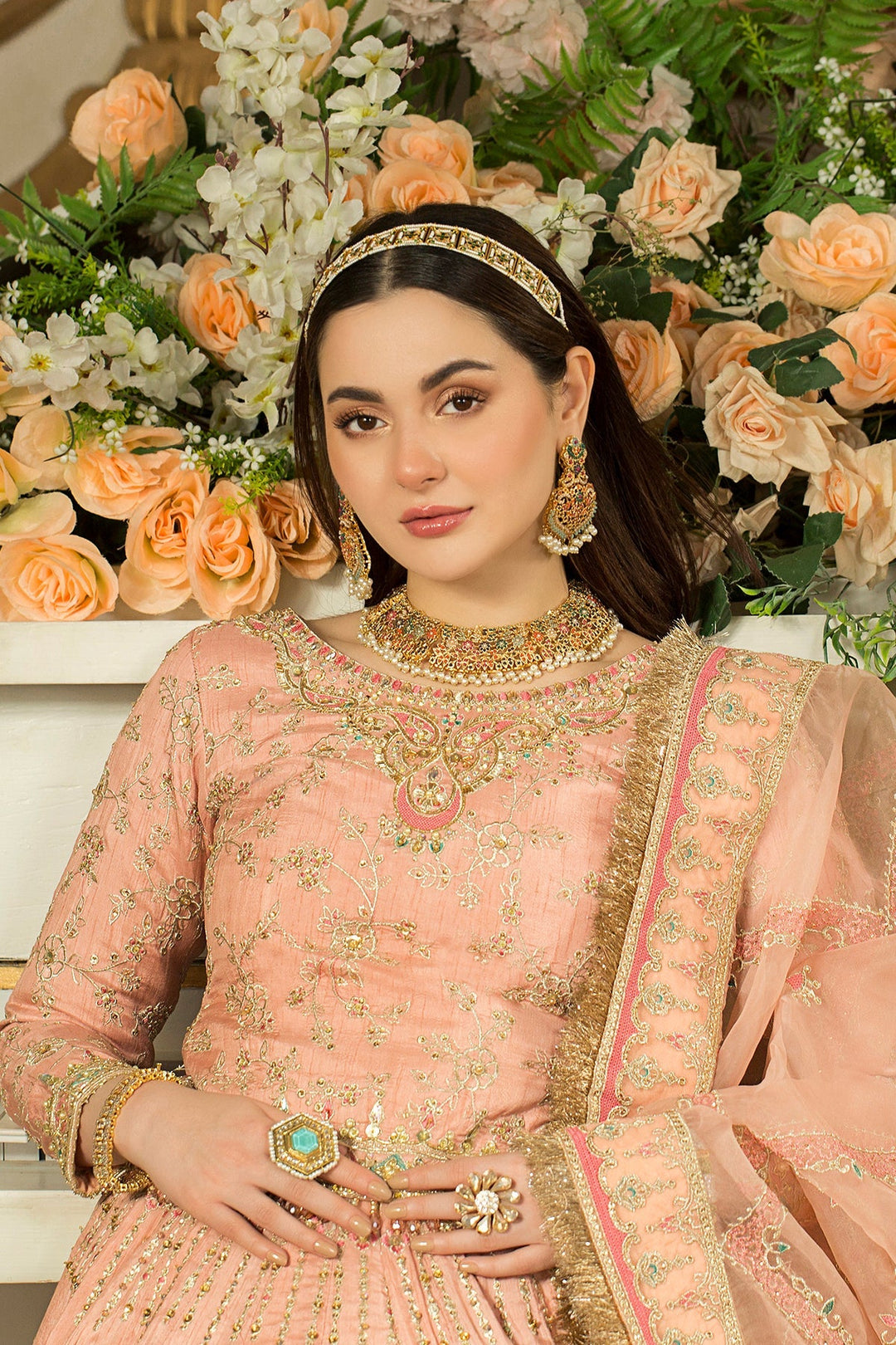 Exquisite Peach Pink Pakistani Bridal Lehenga & Choli