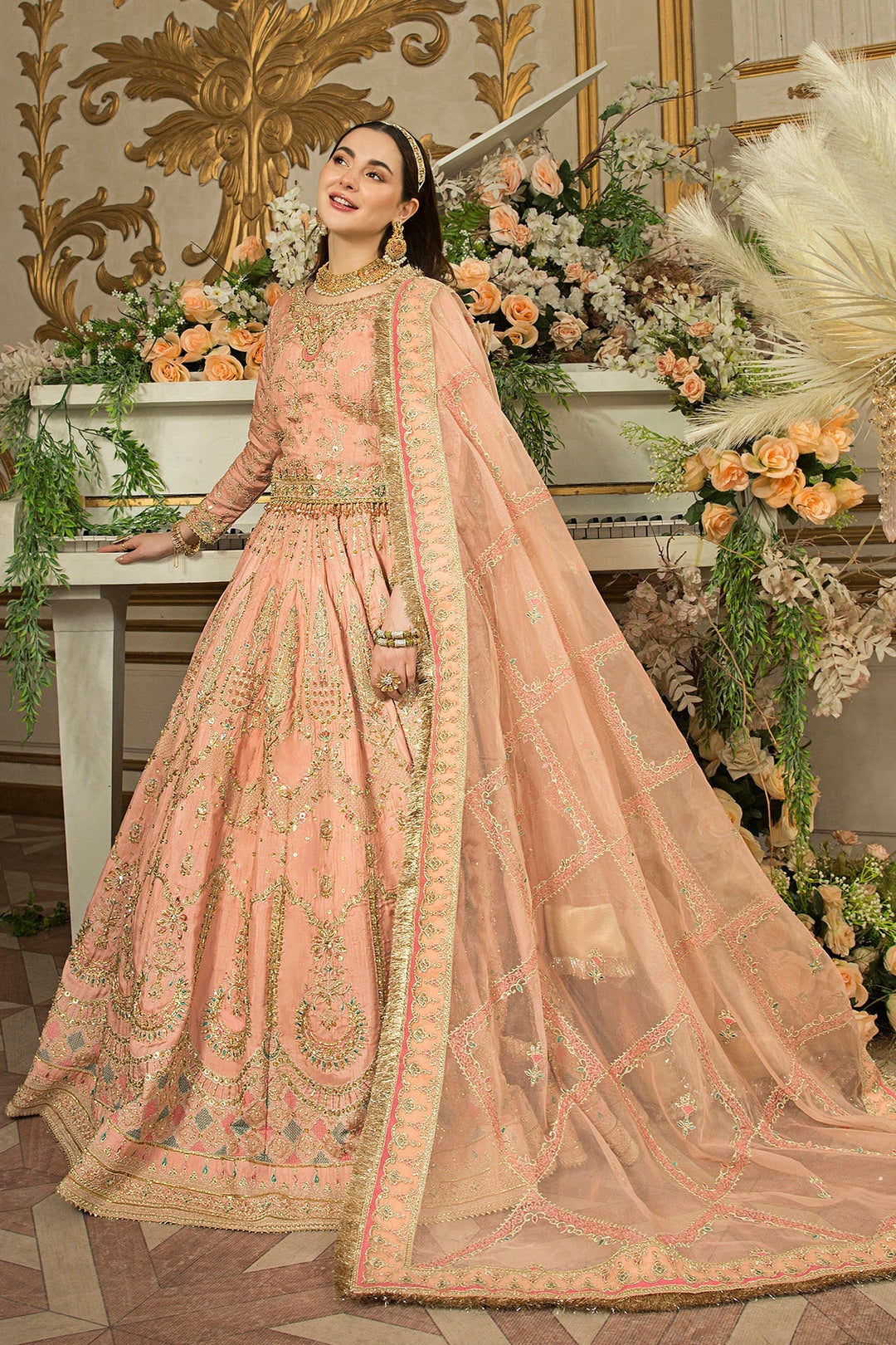 Exquisite Peach Pink Pakistani Bridal Lehenga & Choli
