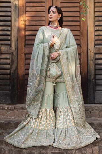 Pakistani Bridal Dress Pistachio Green Short Shirt with Gharara