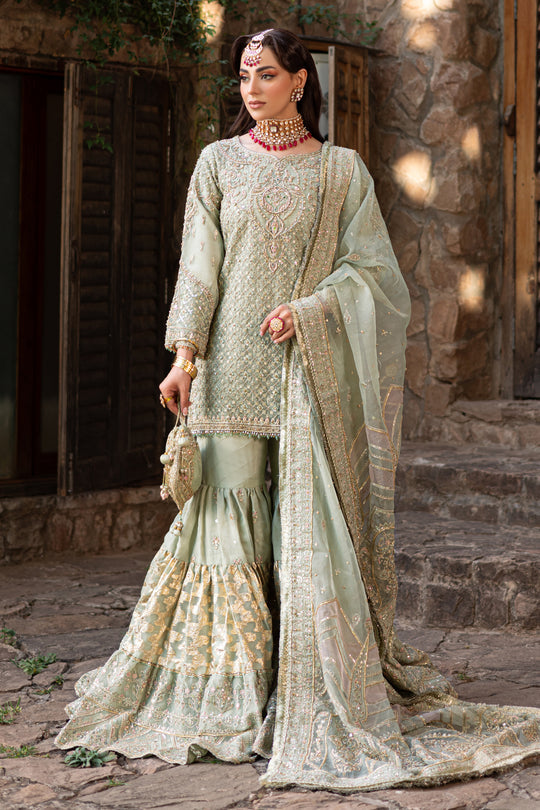 Pakistani Bridal Dress Pistachio Green Short Shirt with Gypsy Gharara