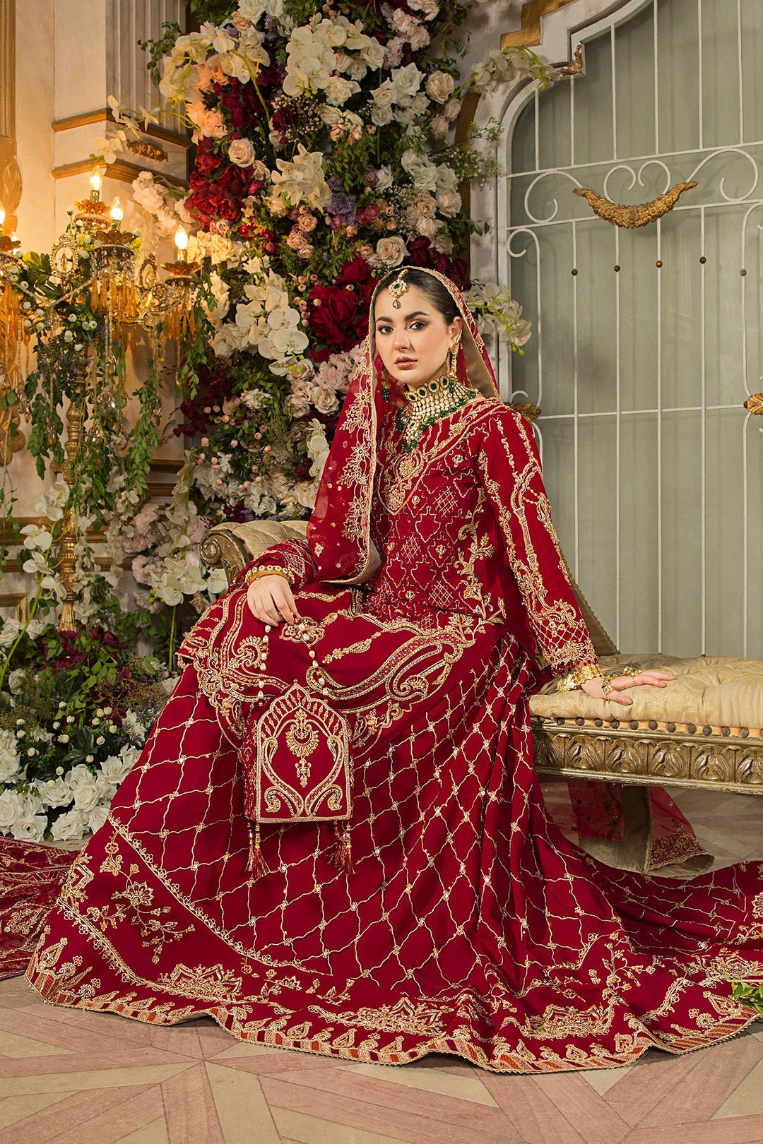 Deep Red Pakistani Bridal Dress & Long Lehenga Ensemble
