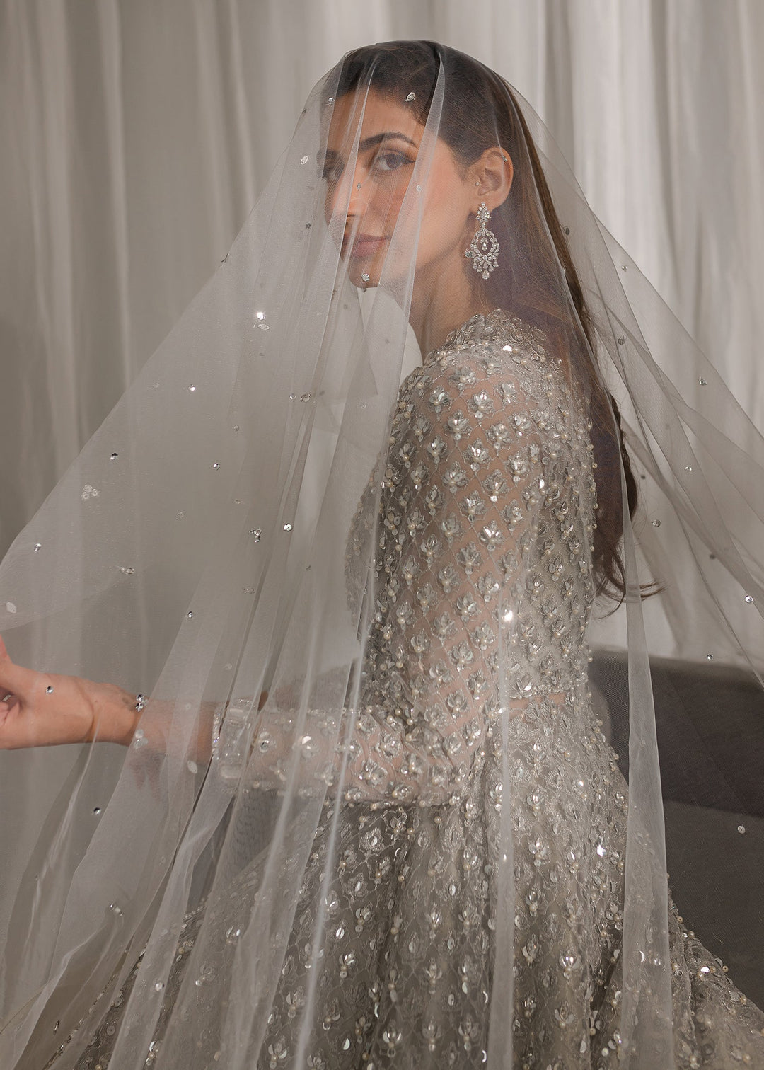 Pakistani Bridal Dress Silver Gown Lehenga and Veil Style