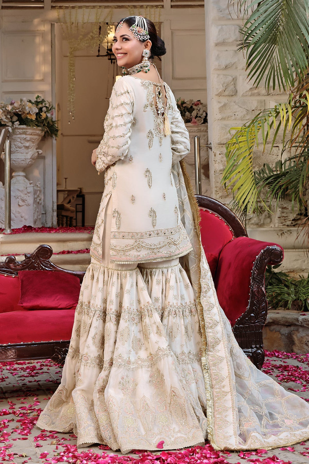 Pakistani Bridal Dress Off-White Short Shirt with Gharara SMALL